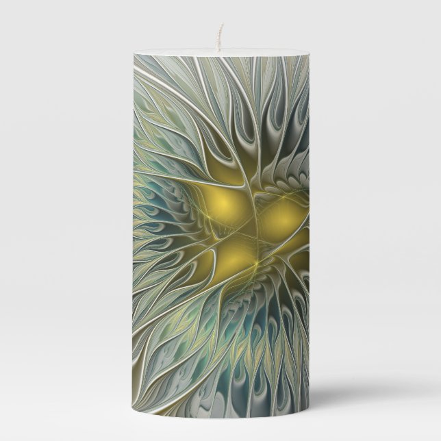 Golden Silver Flower Fantasy abstract Fractal Art Pillar Candle (Front)