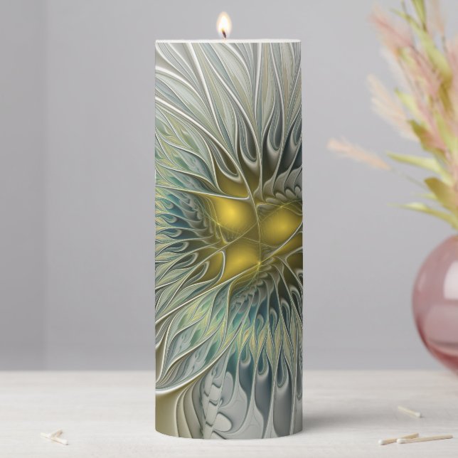 Golden Silver Flower Fantasy abstract Fractal Art Pillar Candle (In Situ)