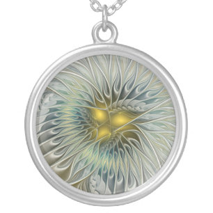 Golden Silver Flower Fantasy Abstract Fractal Art Plated Necklace