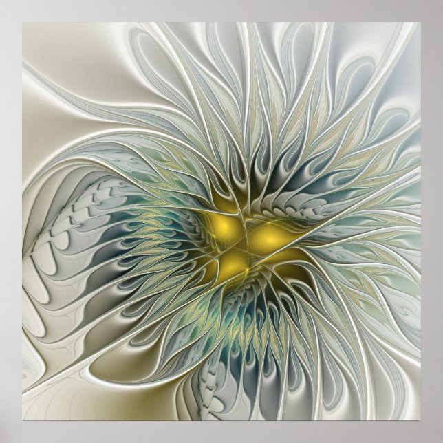 Golden Silver Flower Fantasy abstract Fractal Art Poster (Front)