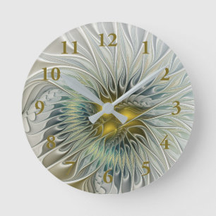 Golden Silver Flower Fantasy Abstract Fractal Art Round Clock