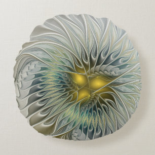 Golden Silver Flower Fantasy abstract Fractal Art Round Pillow
