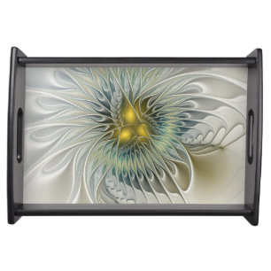 Golden Silver Flower Fantasy abstract Fractal Art Serving Tray
