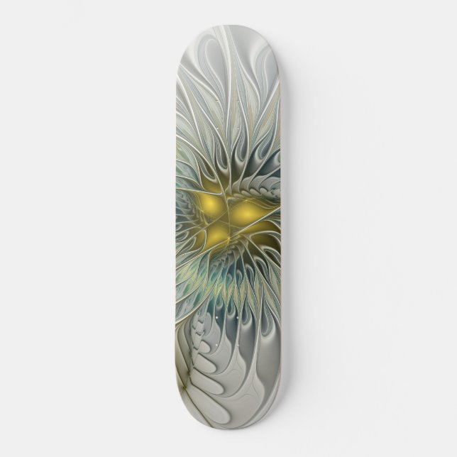 Golden Silver Flower Fantasy abstract Fractal Art Skateboard Deck (Front)