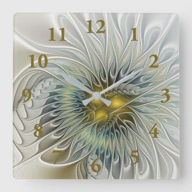 Golden Silver Flower Fantasy abstract Fractal Art Square Wall Clock (Front)