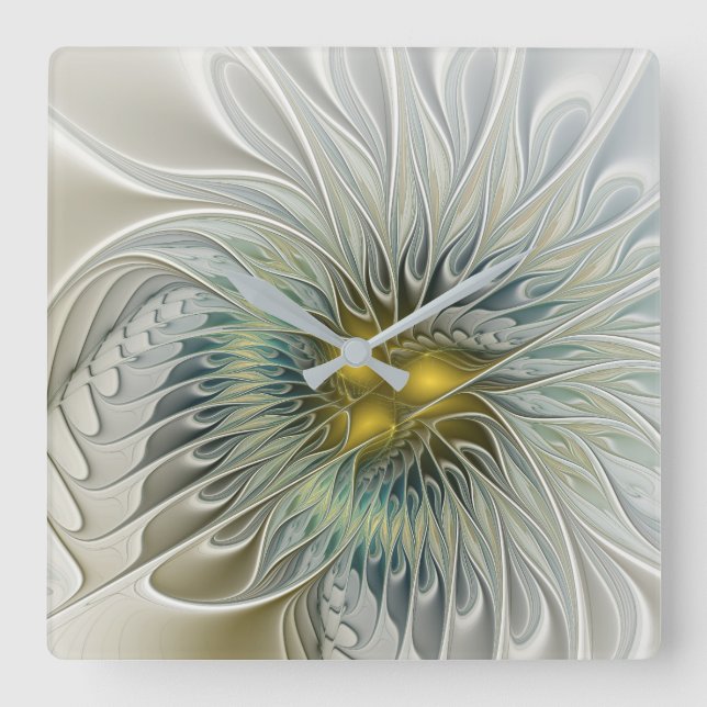 Golden Silver Flower Fantasy abstract Fractal Art Square Wall Clock (Front)