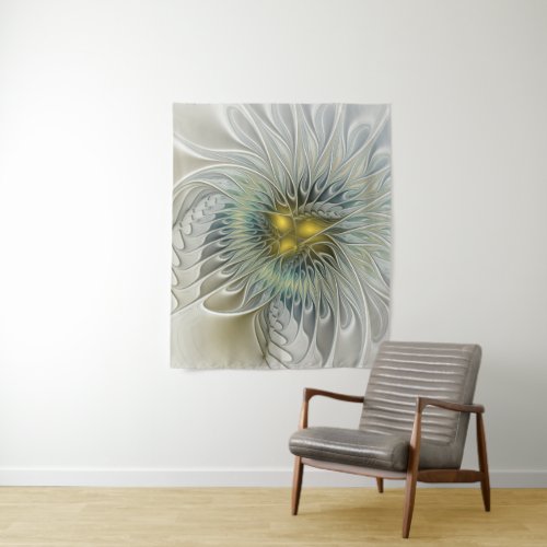 Golden Silver Flower Fantasy abstract Fractal Art Tapestry