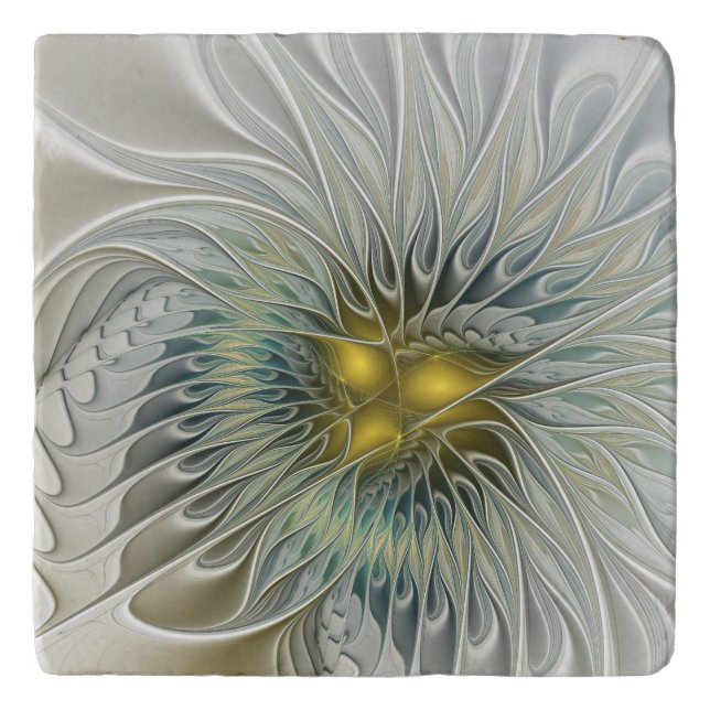 Golden Silver Flower Fantasy Abstract Fractal Art Trivet (Front)
