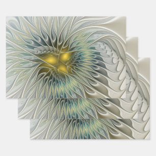 Golden Silver Flower Fantasy abstract Fractal Art Wrapping Paper Sheets