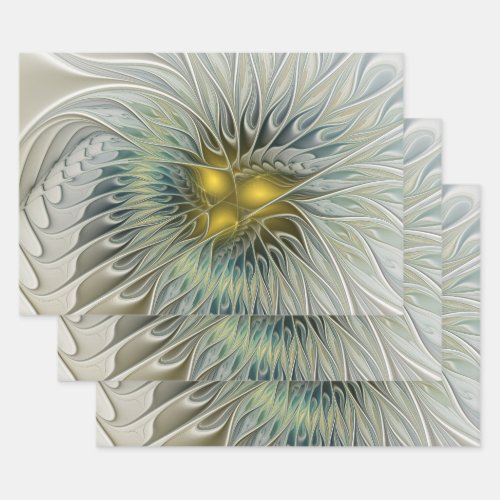 Golden Silver Flower Fantasy abstract Fractal Art Wrapping Paper Sheets