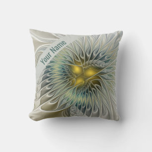 Golden Silver Flower Fantasy Abstract Fractal Name Throw Pillow