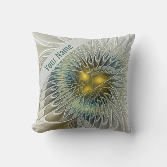 Golden Silver Flower Fantasy Abstract Fractal Name Throw Pillow (Front)