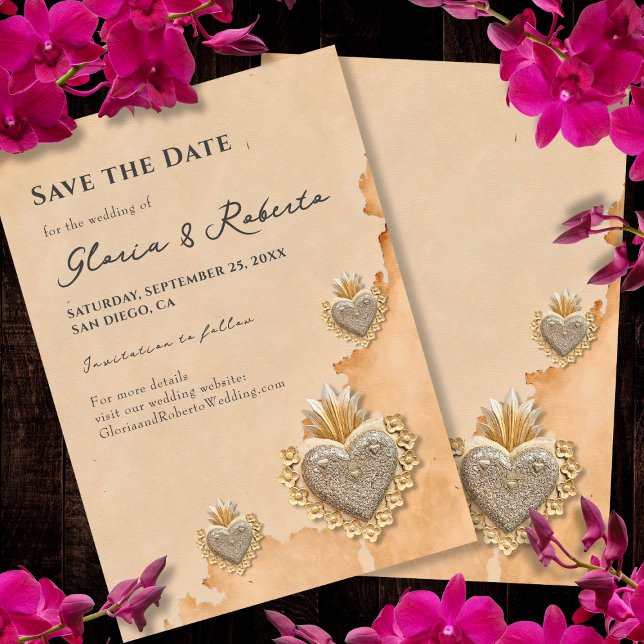 Golden Silver Milagros Heart Save the Date Invitation (Creator Uploaded)
