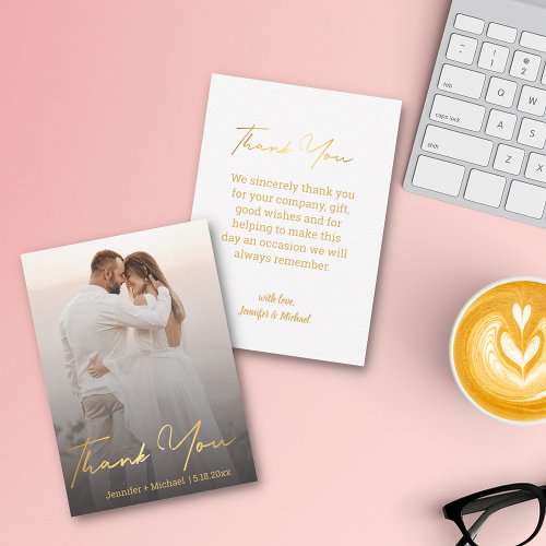 golden simpe handwritten wedding photo thank you   note card