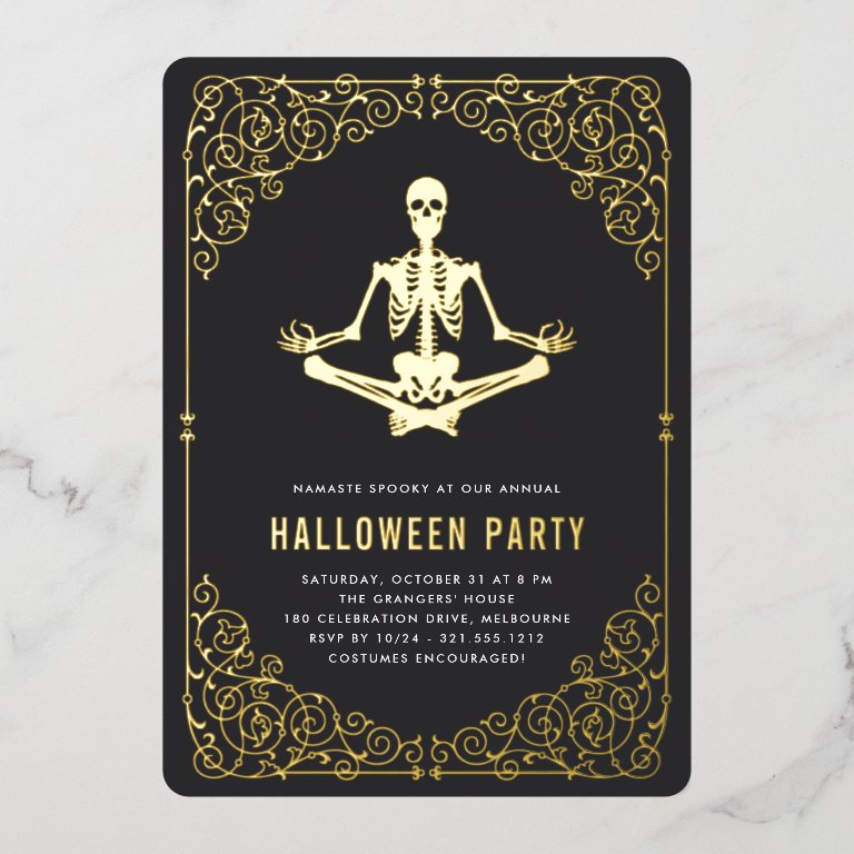 Golden Skeleton Halloween Party Foil Invitation