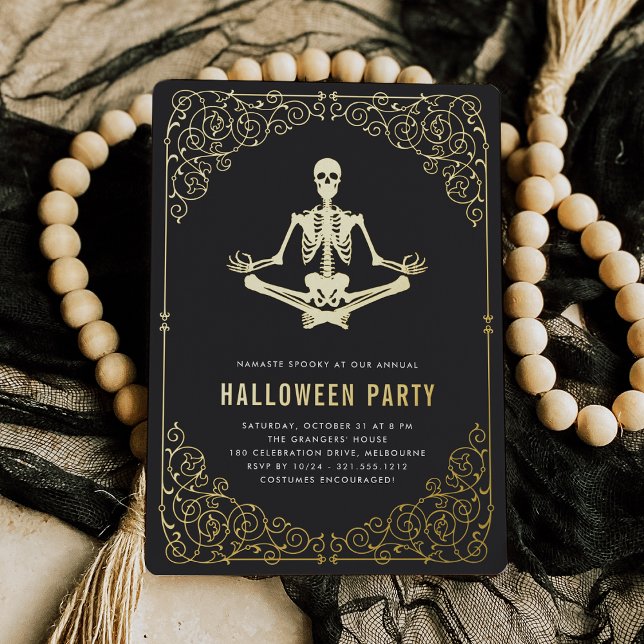 Golden Skeleton Halloween Party Foil Invitation (Creator Uploaded)