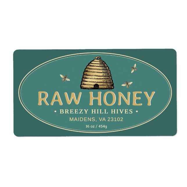 Golden Skep with Honeybees Raw Honey Label Teal  (Front)