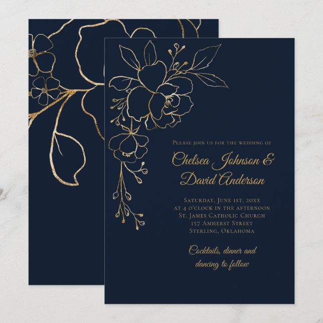 Golden Sketched Roses on Dark Blue Wedding Invitation (Front/Back)