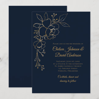 Golden Sketched Roses on Dark Blue Wedding Invitation