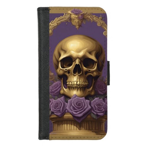 Golden Skull and Purple Roses Sugar Skull Horror iPhone 87 Wallet Case