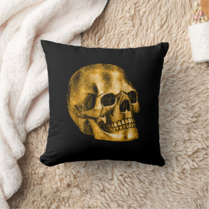 Golden Skull Cool Luxury Black Gothic Halloween Throw Pillow