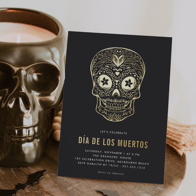 Golden Skull Dia de los Muertos Party Foil Invitation (Creator Uploaded)