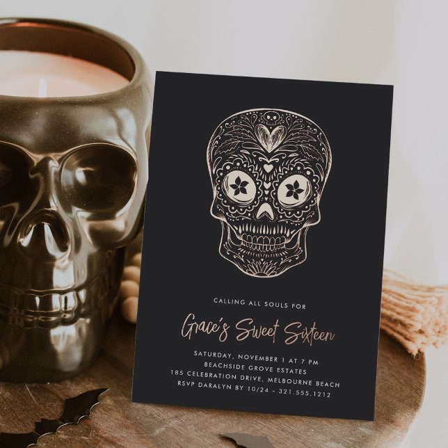 Golden Skull Dia de los Muertos Sweet Sixteen Foil Invitation (Creator Uploaded)