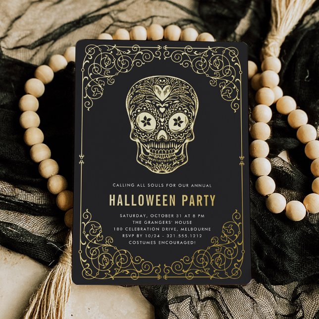 Golden Skull Halloween Party Foil Invitation (Creator Uploaded)