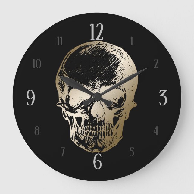 Golden Skull Metallic Design on Black Large Clock (Front)