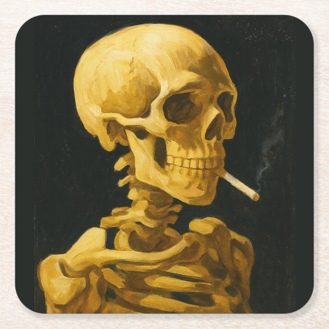 Golden Skull Smoking – Unique Van Gogh Inspired Square Paper Coaster (Front)
