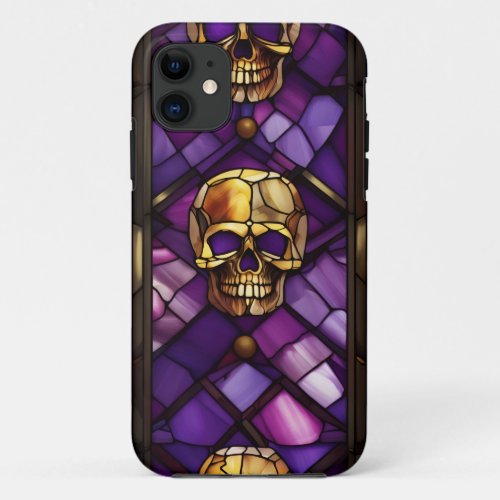 Golden Skulls on Purple Faux Stained Glass Gothic iPhone 11 Case
