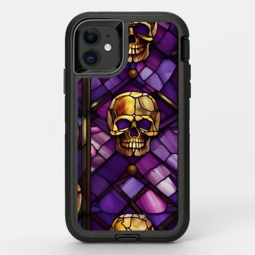Golden Skulls on Purple Faux Stained Glass Gothic OtterBox Defender iPhone 11 Case