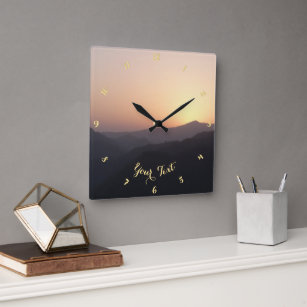 Golden Sky Sunrise in the Mountains Nature Photo Square Wall Clock