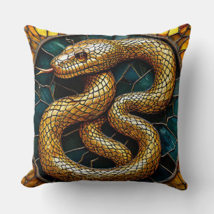🐍 Golden Snake Stained Glass Home Decor ✨ Throw Pillow