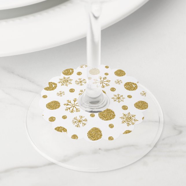 Golden Snow Flakes 1 Wine Glass Tag (Close Up)