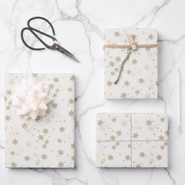 Golden Snow Winter Holiday Wrapping Paper Sheets (Front)