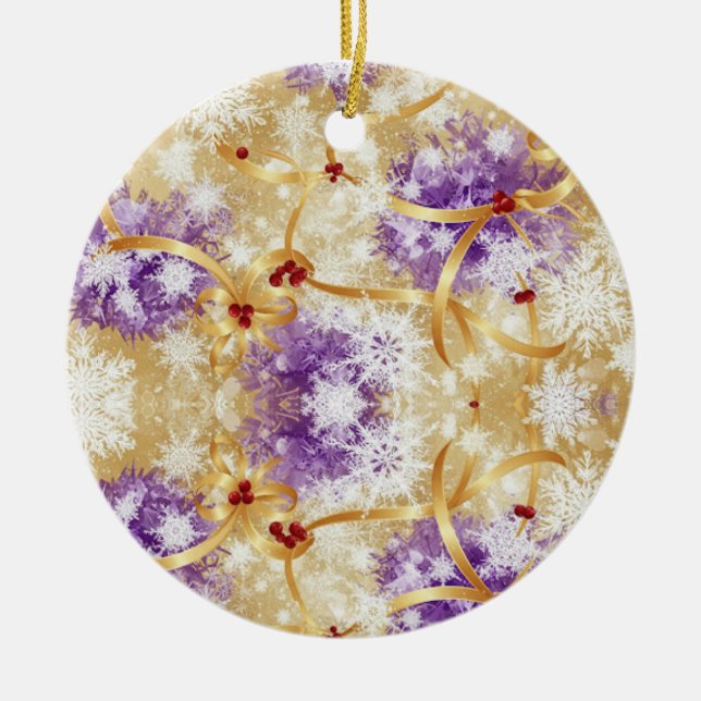 Golden Snowfall Ribbon — Elegant Christmas Design Ceramic Ornament (Front)