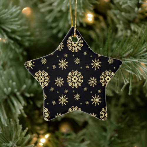 Golden Snowflak on Black Background Ceramic Ornament