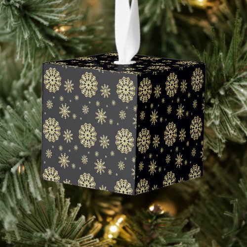 Golden Snowflak on Black Background Cube Ornament