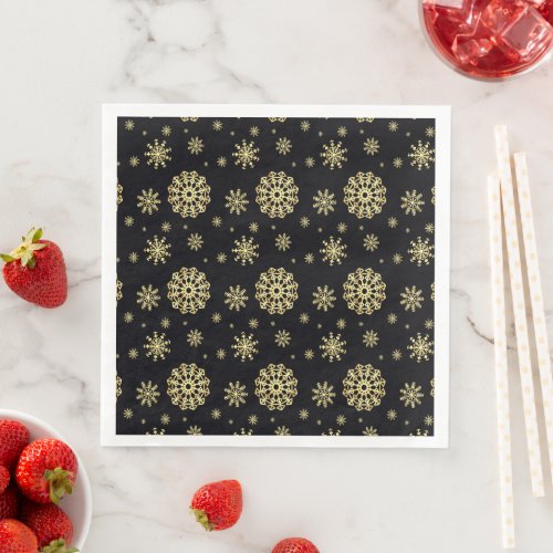 Golden Snowflak on Black Background Paper Dinner Napkins