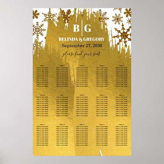 Golden Snowflake Christmas Wedding Seating Chart (Front)