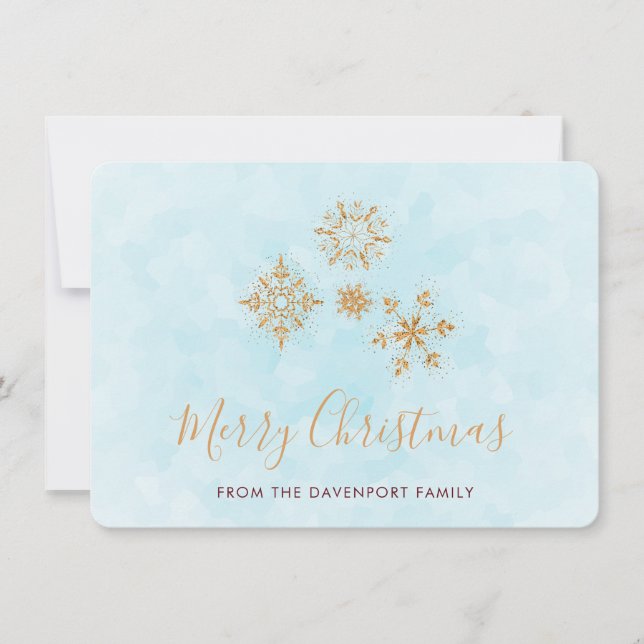 Golden Snowflake Crystals on Frost Merry Christmas Holiday Card (Front)