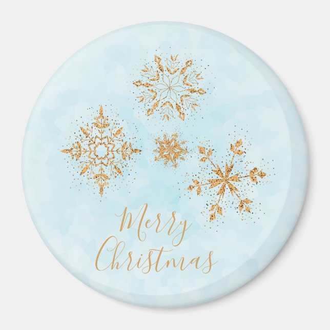 Golden Snowflake Crystals on Frosty Blue Christmas Magnet (Front)