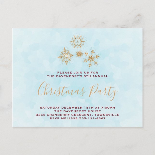Golden Snowflake Crystals on Frosty Blue Invite (Front)