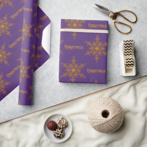 Golden Snowflake Elegance Purple Christmas Wrapping Paper