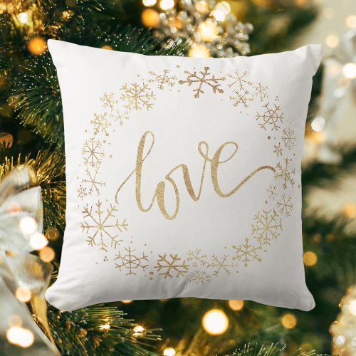 Golden Snowflake Love Christmas Throw Pillow
