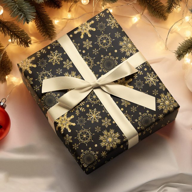 Golden Snowflake On Black Background Christmas Wrapping Paper (Creator Uploaded)