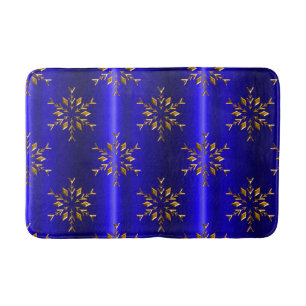 Golden Snowflake on Blue Christmas Bathroom Mat
