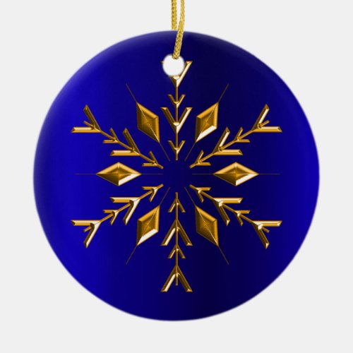 Golden Snowflake on Blue Christmas Ceramic Ornament