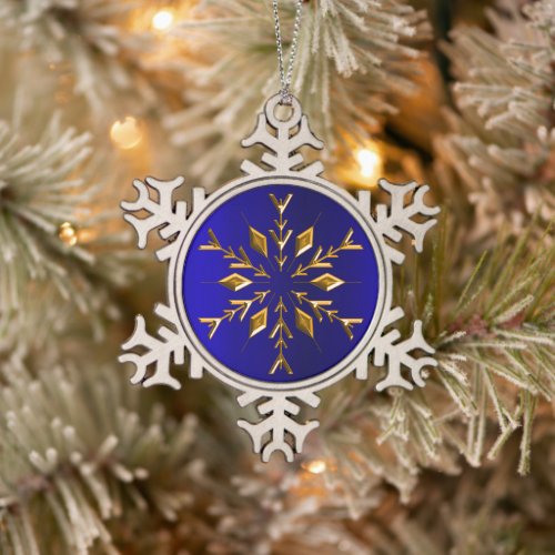 Golden Snowflake on Blue Christmas Snowflake Pewter Christmas Ornament